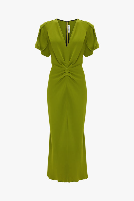Gathered V-Neck Midi Dress In Jade | Designer Dresses