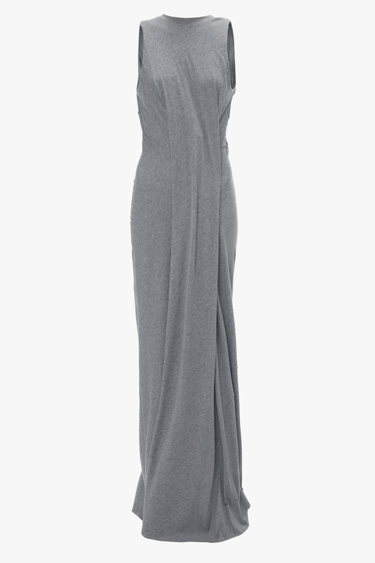 Frame Detailed Maxi Dress In Titanium by Victoria Beckham displayed on a mannequin, featuring a draped waist and soft fabric texture.