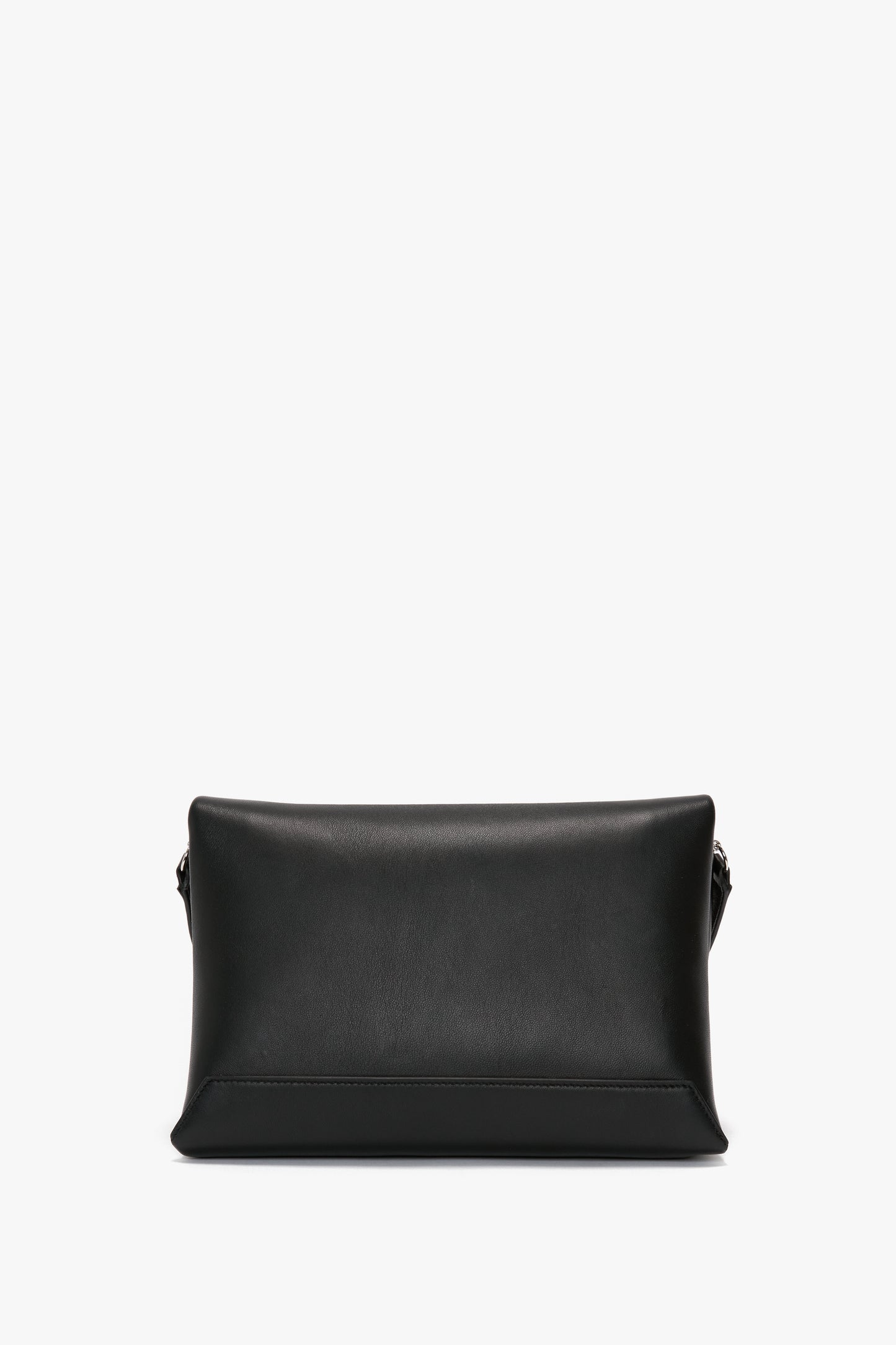 Victoria Beckham Chain Pouch Bag with Brushed Silver Chain In Black Leather with a minimalist design and a detachable strap on a white background.