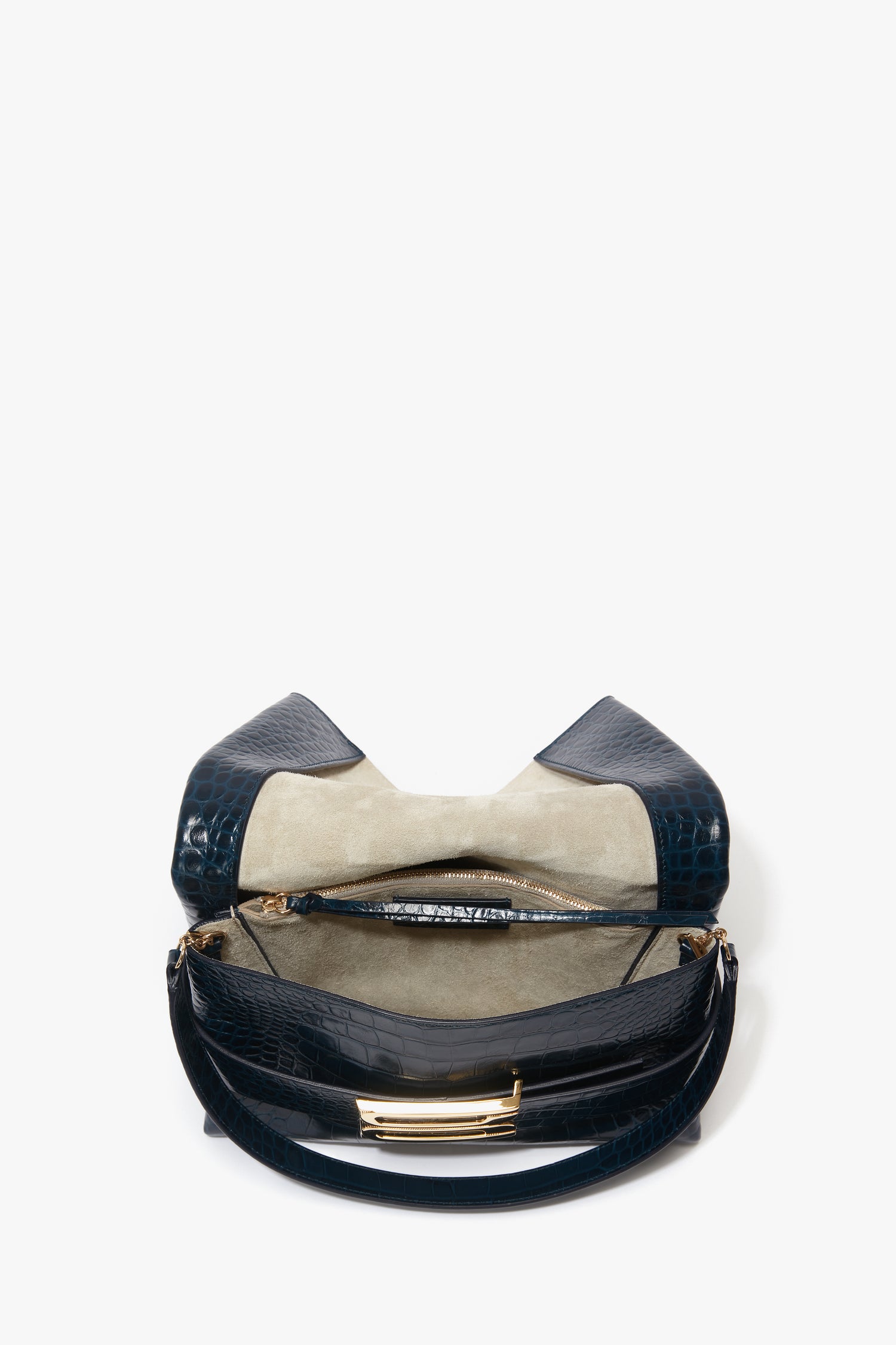 B Pouch Bag In Croc Embossed Midnight Blue Leather