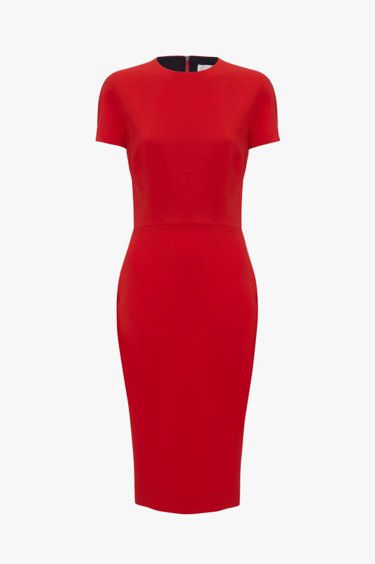 A Victoria Beckham bright red, knee-length fitted t-shirt dress featuring short sleeves and a round neckline, isolated on a white background.