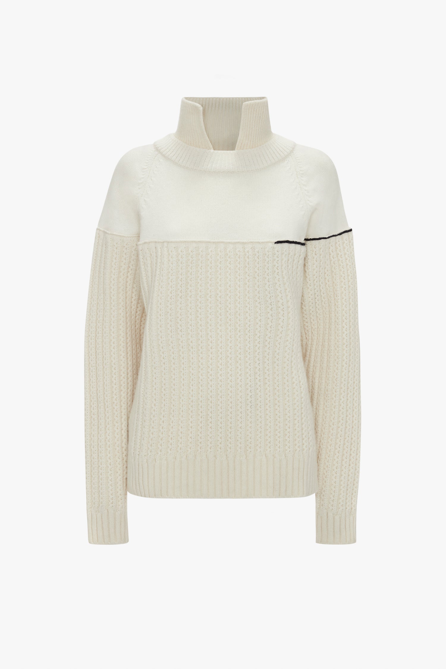 A cream-colored, long-sleeve turtleneck sweater with ribbed texture and a black accent line across the chest, this Collar Detail Jumper In Natural from Victoria Beckham exudes casual sophistication.