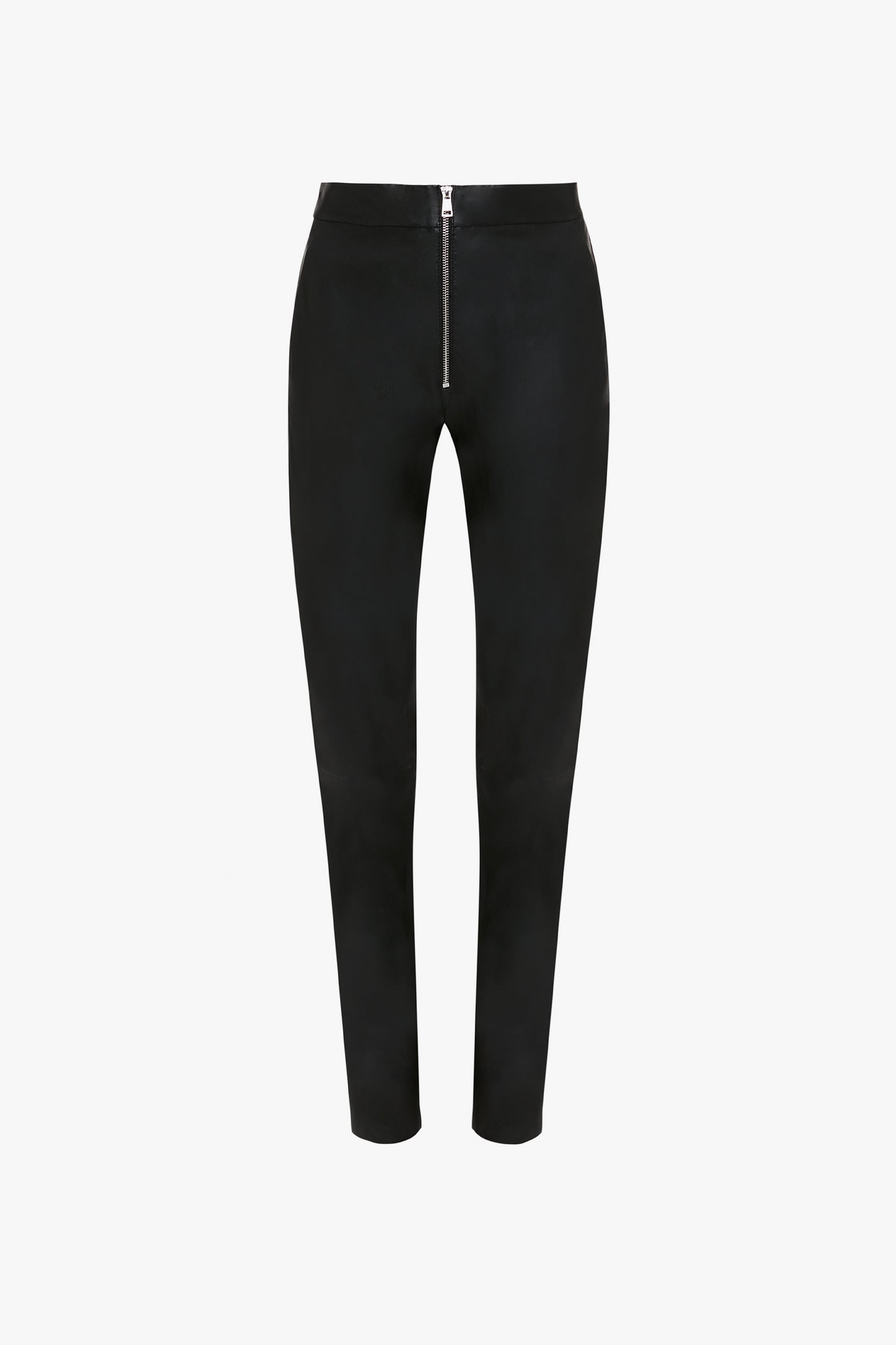 Victoria Beckham's Slim Leather Trouser in Black, featuring a front zipper closure and showcasing an elegant drain pipe silhouette, with an inky blue hue.