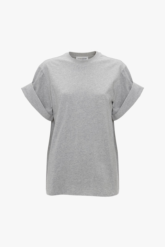 A plain, light grey Asymmetric Relaxed Fit T-Shirt In Grey Marl by Victoria Beckham in organic cotton with short rolled sleeves against a white background, reminiscent of Victoria Beckham's relaxed fitted style.