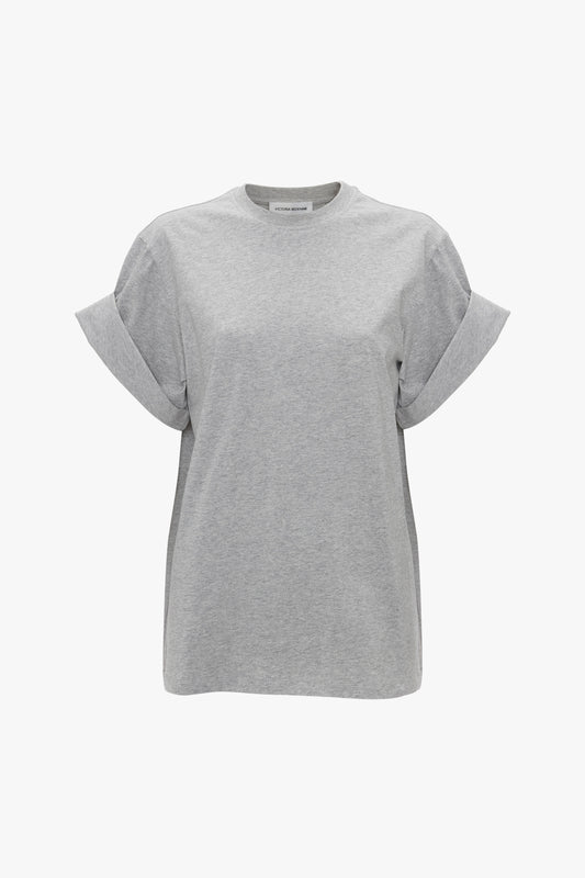 Victoria Beckham asymmetric relaxed fit T-shirt in grey marl with short, puffed sleeves, displayed on a plain white background.