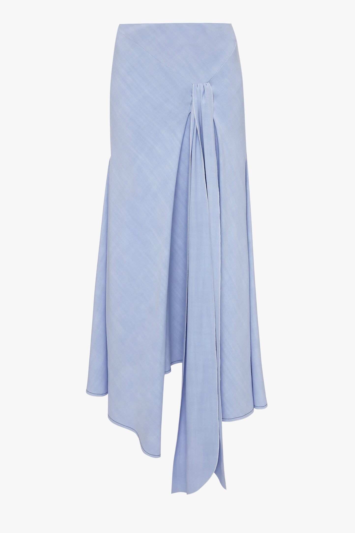 A light blue Asymmetric Tie Detail Skirt In Frost by Victoria Beckham, crafted from fluid viscose crepe fabric, features a tie detail at the front and a flowing, uneven hem that embodies modern femininity.