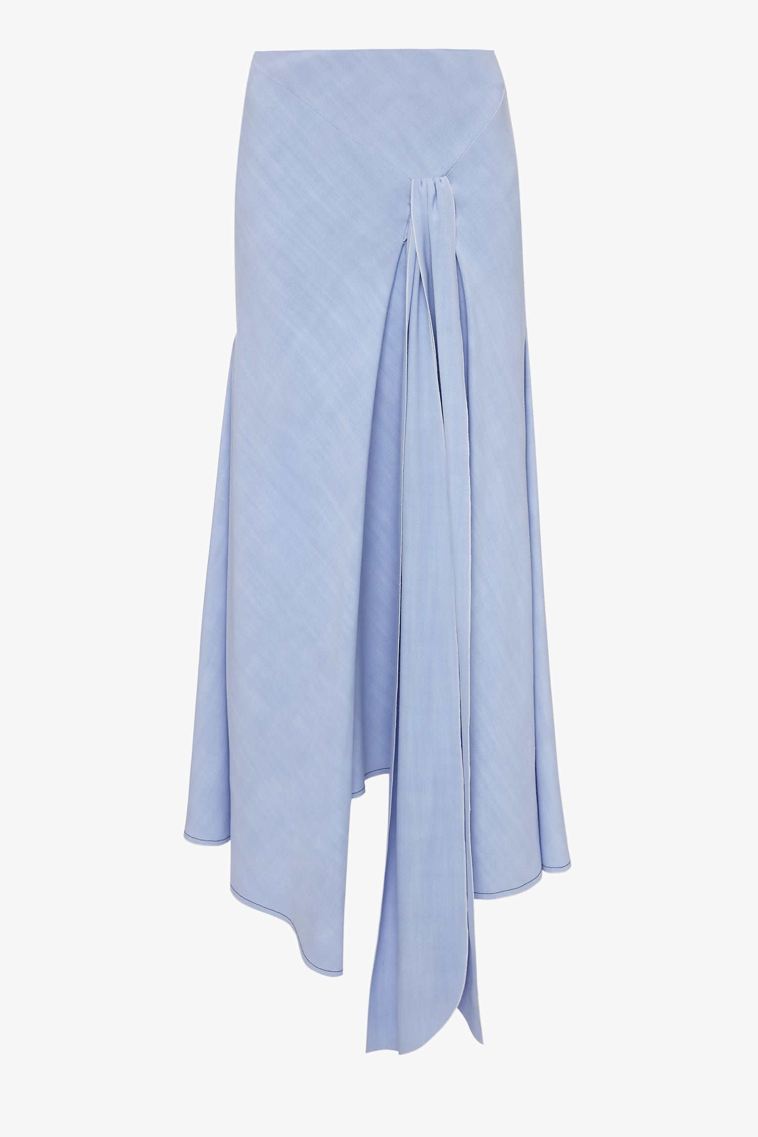 A light blue Asymmetric Tie Detail Skirt In Frost by Victoria Beckham, crafted from fluid viscose crepe fabric, features a tie detail at the front and a flowing, uneven hem that embodies modern femininity.