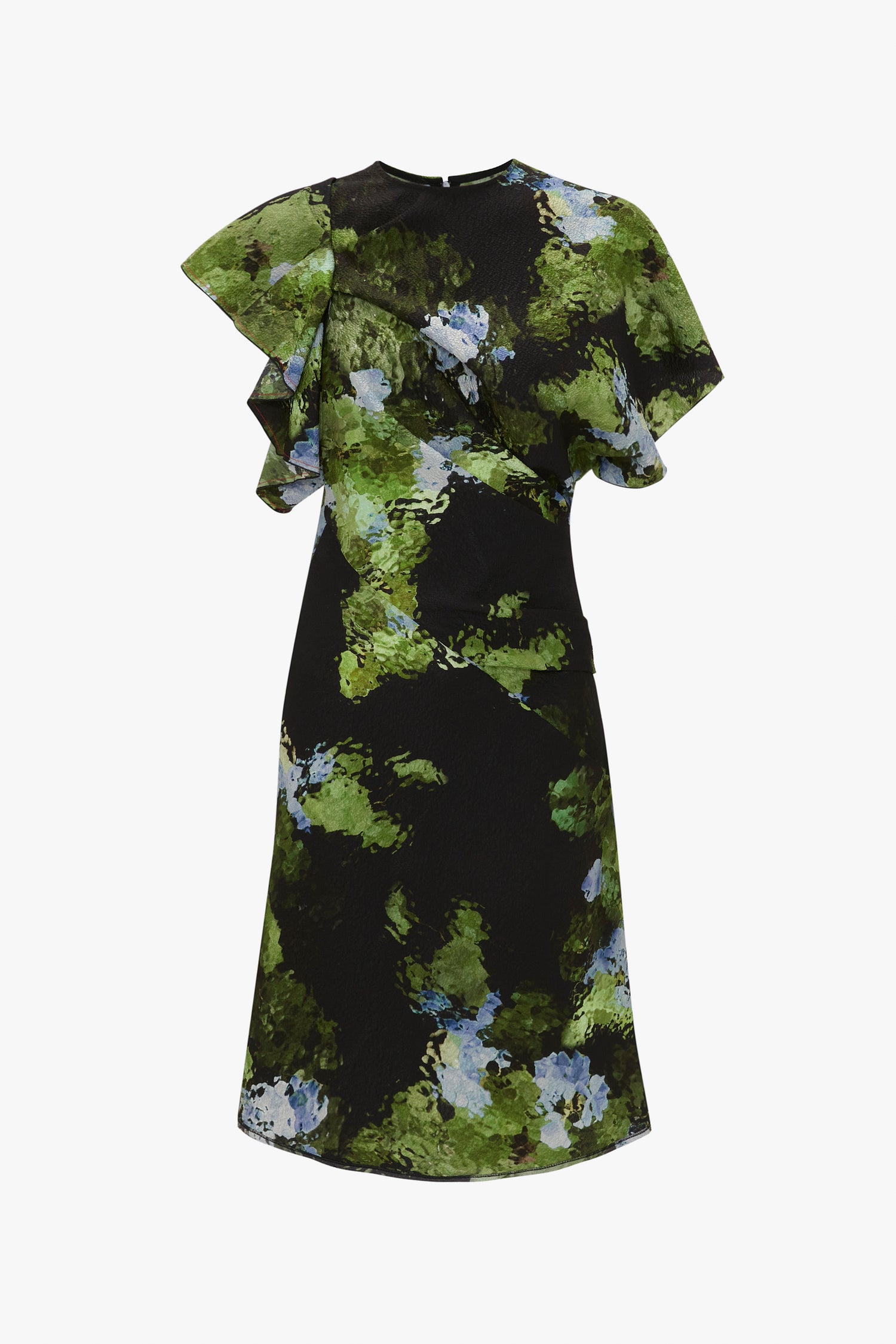 A short-sleeved, black Twist Shoulder Dress In Black Frost with a green and blue abstract floral pattern. The dress features asymmetric ruffled detailing on one shoulder and a flattering waist-defining fit by Victoria Beckham.