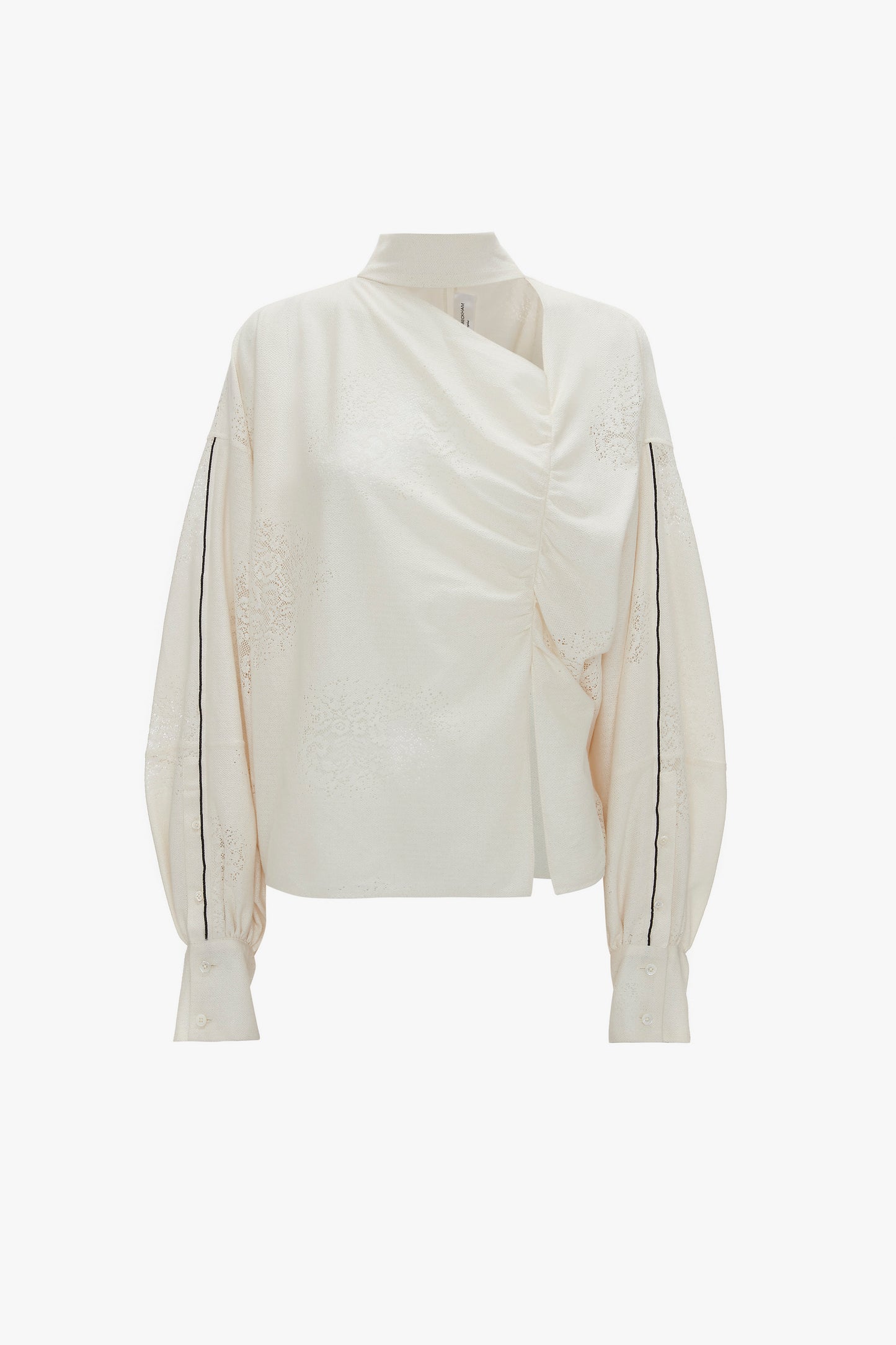 A cream-colored long-sleeve blouse with a high neck, pleated front, and black piping details along the sleeves. Crafted from 100% silk, this elegant piece also features blouson sleeves for an added touch of sophistication. Introducing the Asymmetric Gather Detail Top In Cream by Victoria Beckham.