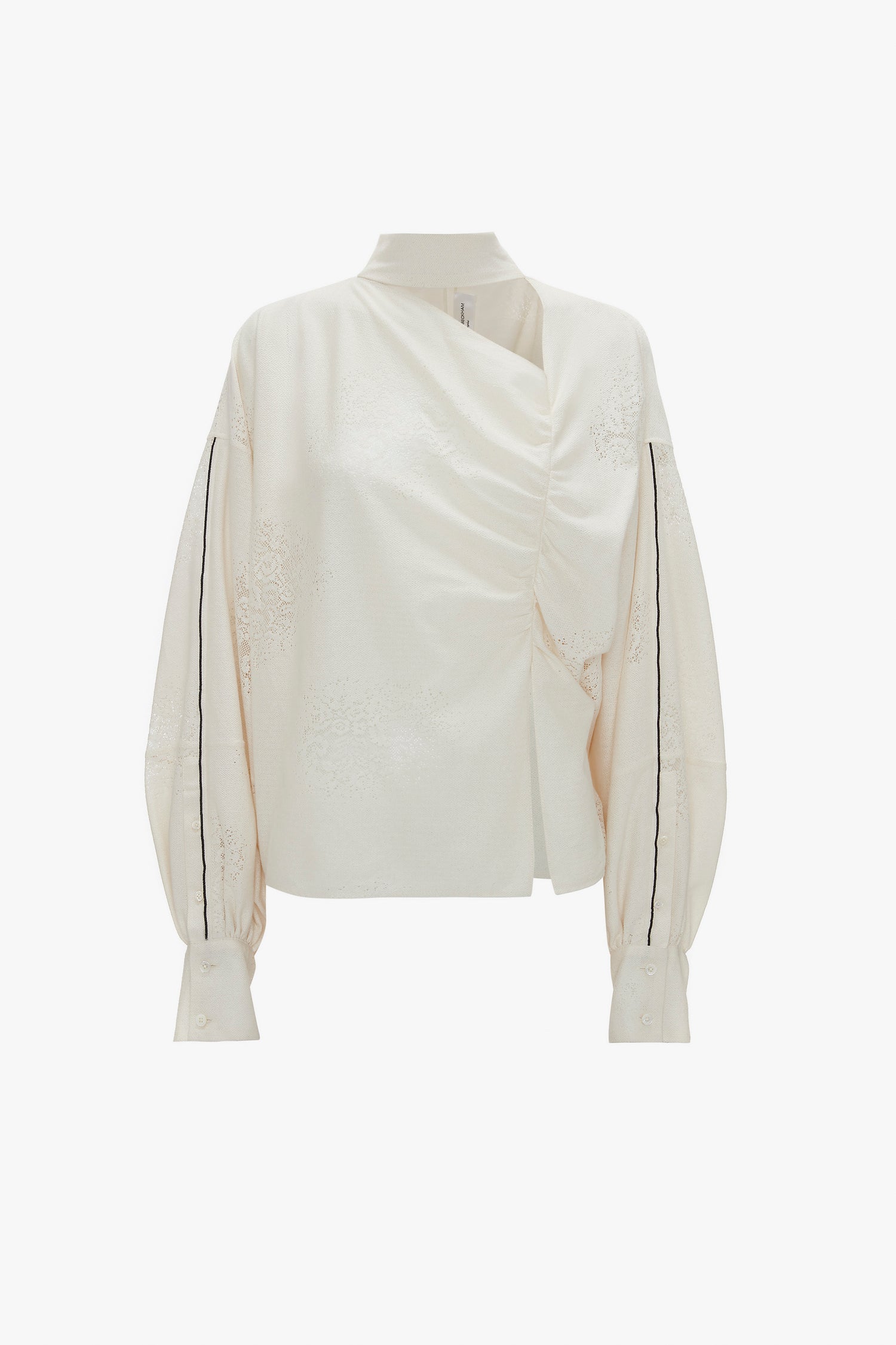 A cream-colored long-sleeve blouse with a high neck, pleated front, and black piping details along the sleeves. Crafted from 100% silk, this elegant piece also features blouson sleeves for an added touch of sophistication. Introducing the Asymmetric Gather Detail Top In Cream by Victoria Beckham.