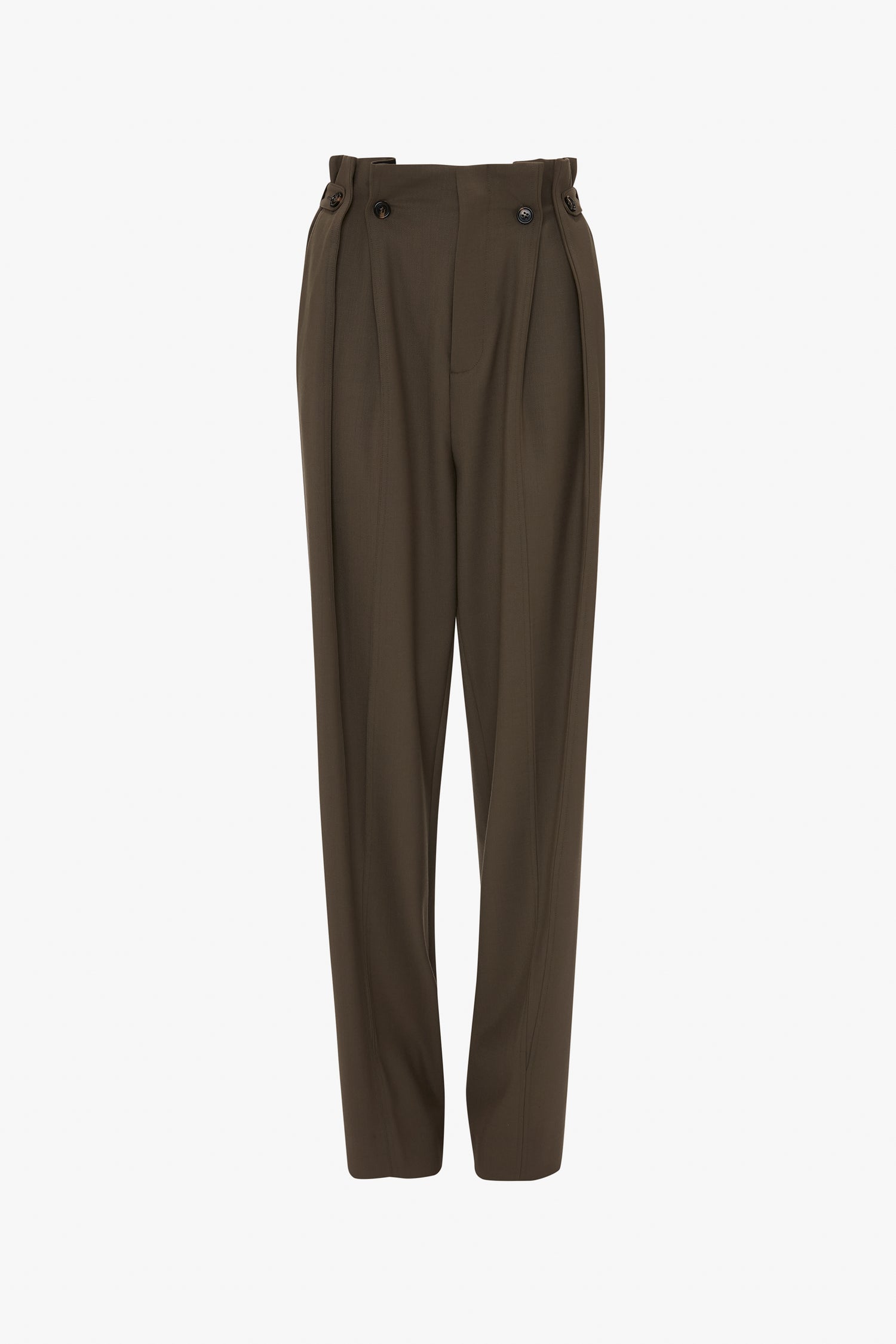 Gathered Waist Utility Trouser In Oregano by Victoria Beckham, featuring button details near the waistband and tapered legs. These stylish gathered waist trousers also include adjustable side tabs for a custom fit.