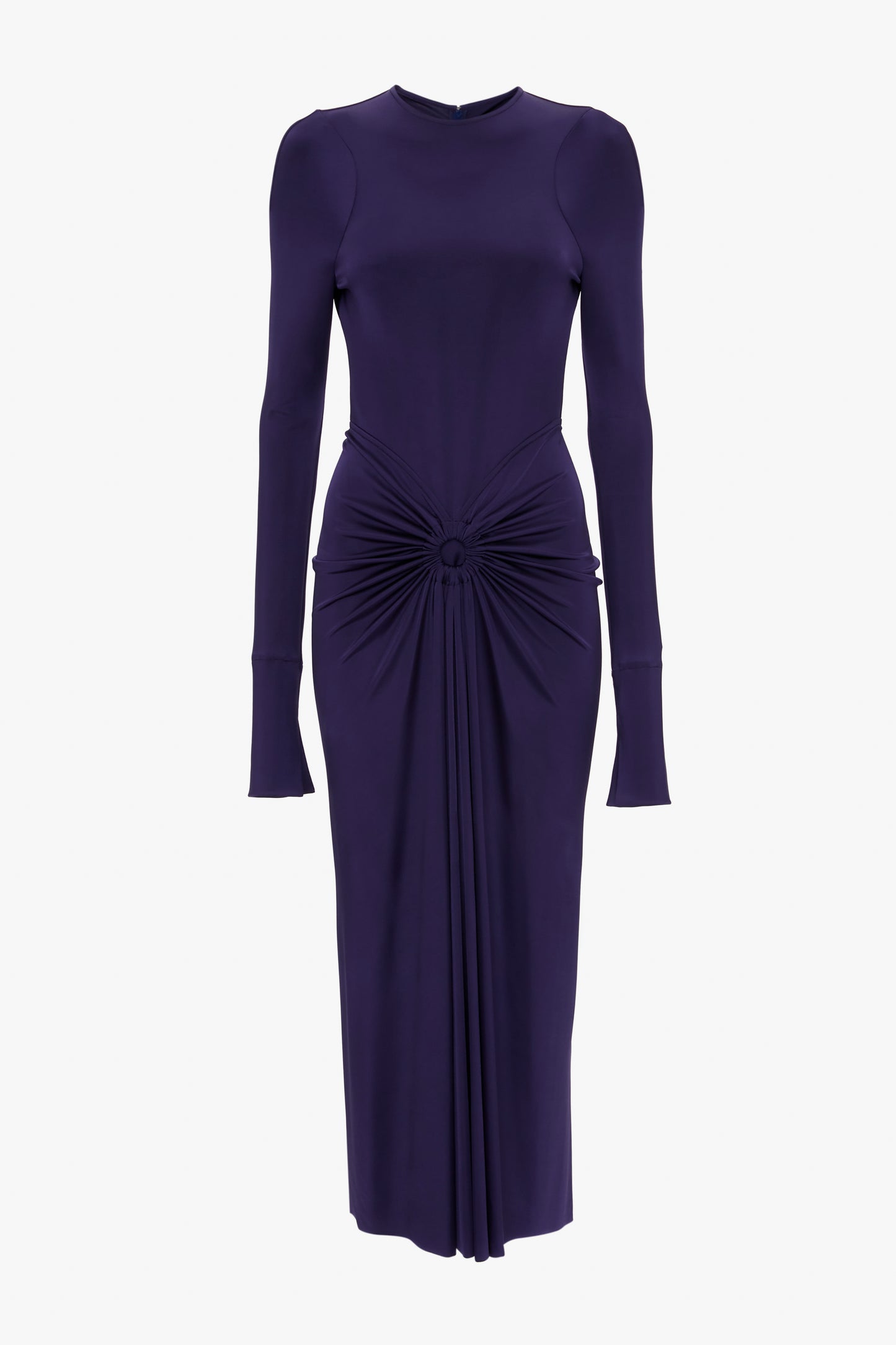 Victoria Beckham's Long Sleeve Gathered Midi Dress In Ultraviolet, featuring a fitted bodice and gathered pleating at the waist, creating a central knot detail. Made from body-sculpting stretch fabric, this long-sleeved dress has a simple round neckline and exudes a sensuous and playful charm.