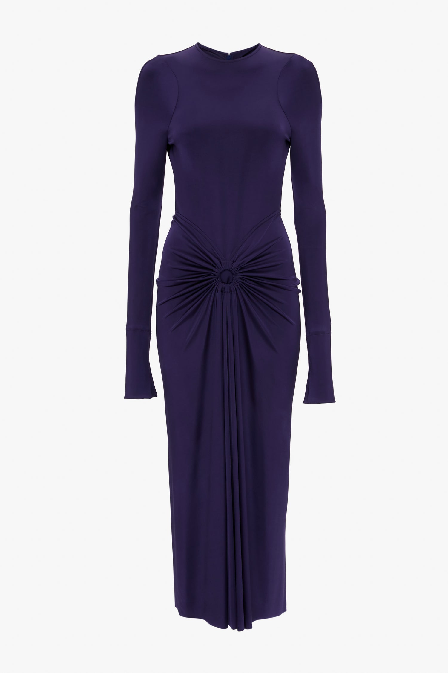 Victoria Beckham's Long Sleeve Gathered Midi Dress In Ultraviolet, featuring a fitted bodice and gathered pleating at the waist, creating a central knot detail. Made from body-sculpting stretch fabric, this long-sleeved dress has a simple round neckline and exudes a sensuous and playful charm.