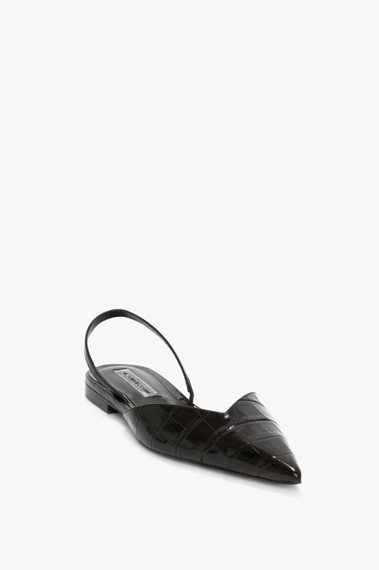 V Cut Sling Back In Black Croc-Effect Leather