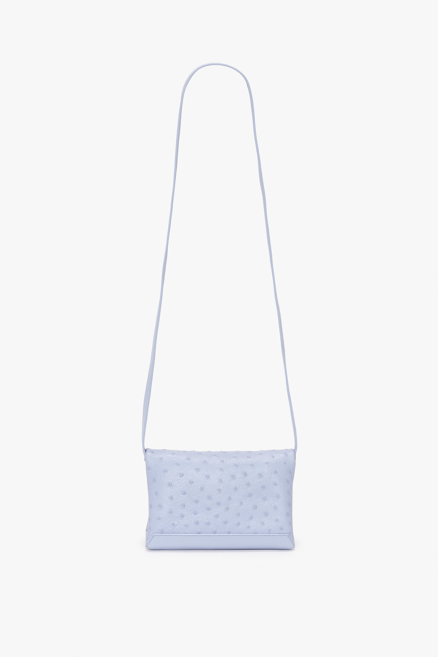 Victoria Beckham Mini Chain Pouch With Long Strap In Frost Ostrich-Effect Leather, made from embossed ostrich-effect leather, featuring a long strap, a textured surface, and a gold-tone chain detail.