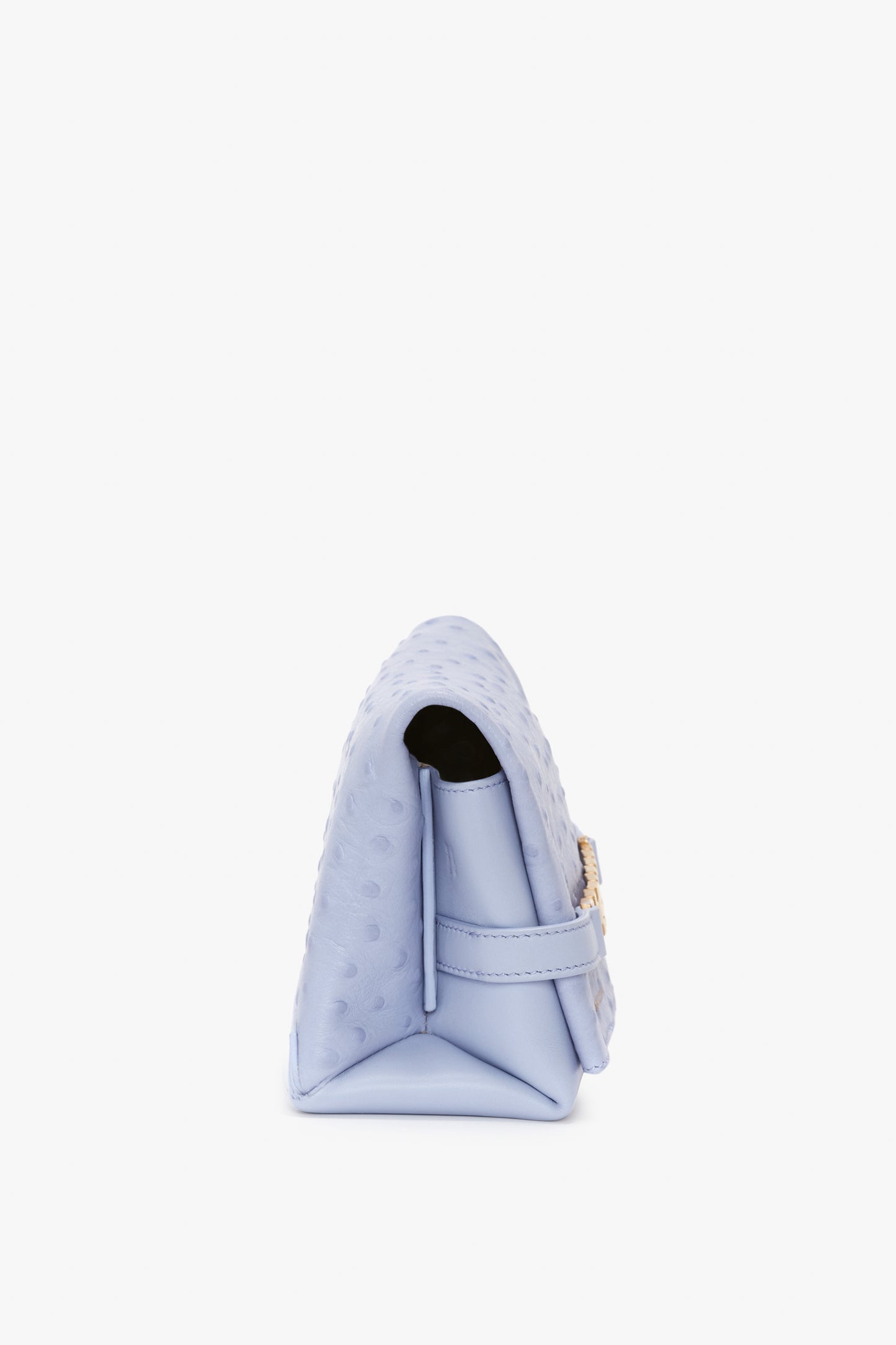 Side view of the Victoria Beckham Mini Chain Pouch With Long Strap In Frost Ostrich-Effect Leather with an embossed ostrich-effect leather surface and a gold-toned clasp.