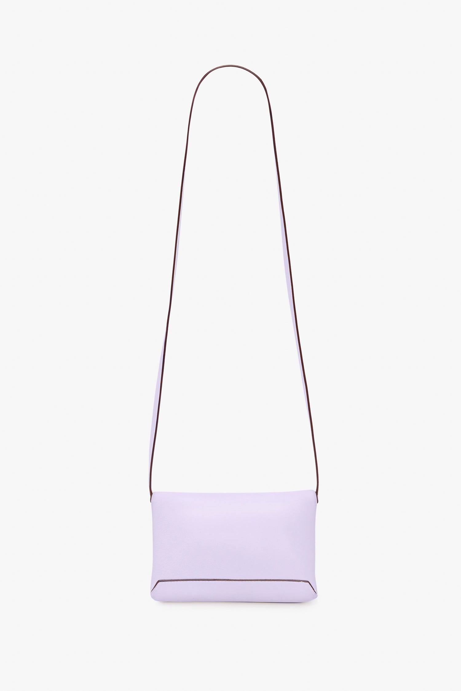 A minimalist Victoria Beckham Exclusive Mini Chain Pouch Bag With Long Strap In Lilac Leather is shown against a white background.