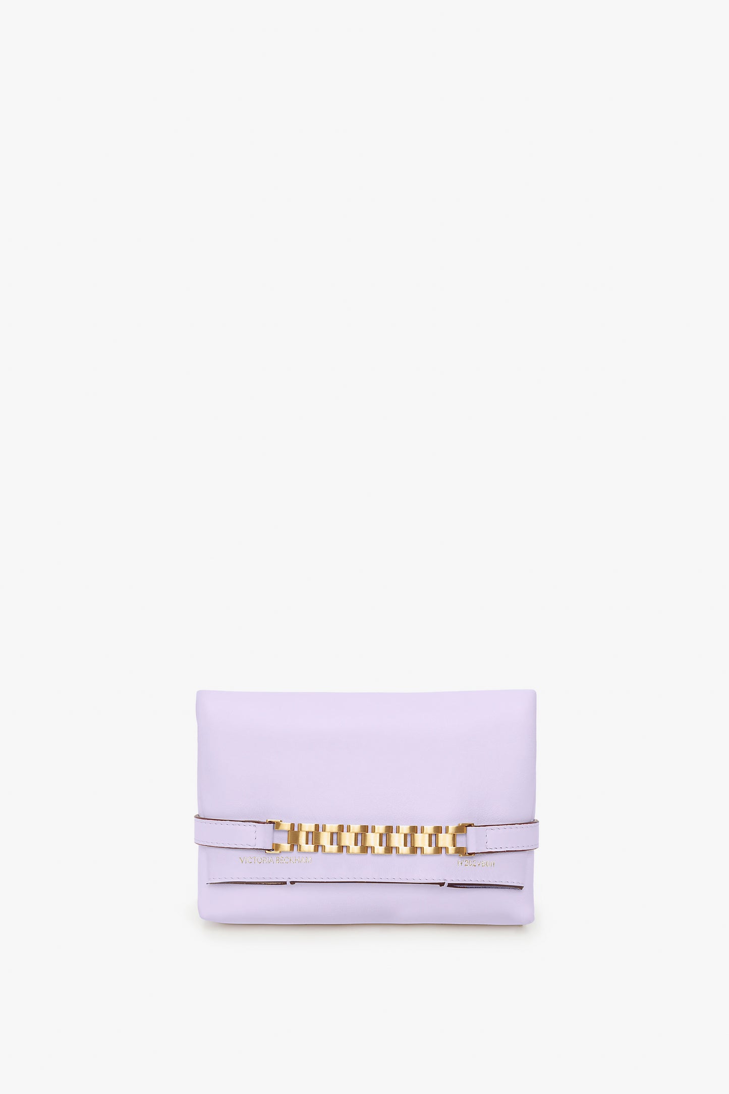 A Victoria Beckham Exclusive Mini Chain Pouch Bag With Long Strap In Lilac Leather, featuring a gold chain-link detail and a fold-over flap, with a detachable strap for versatile styling.