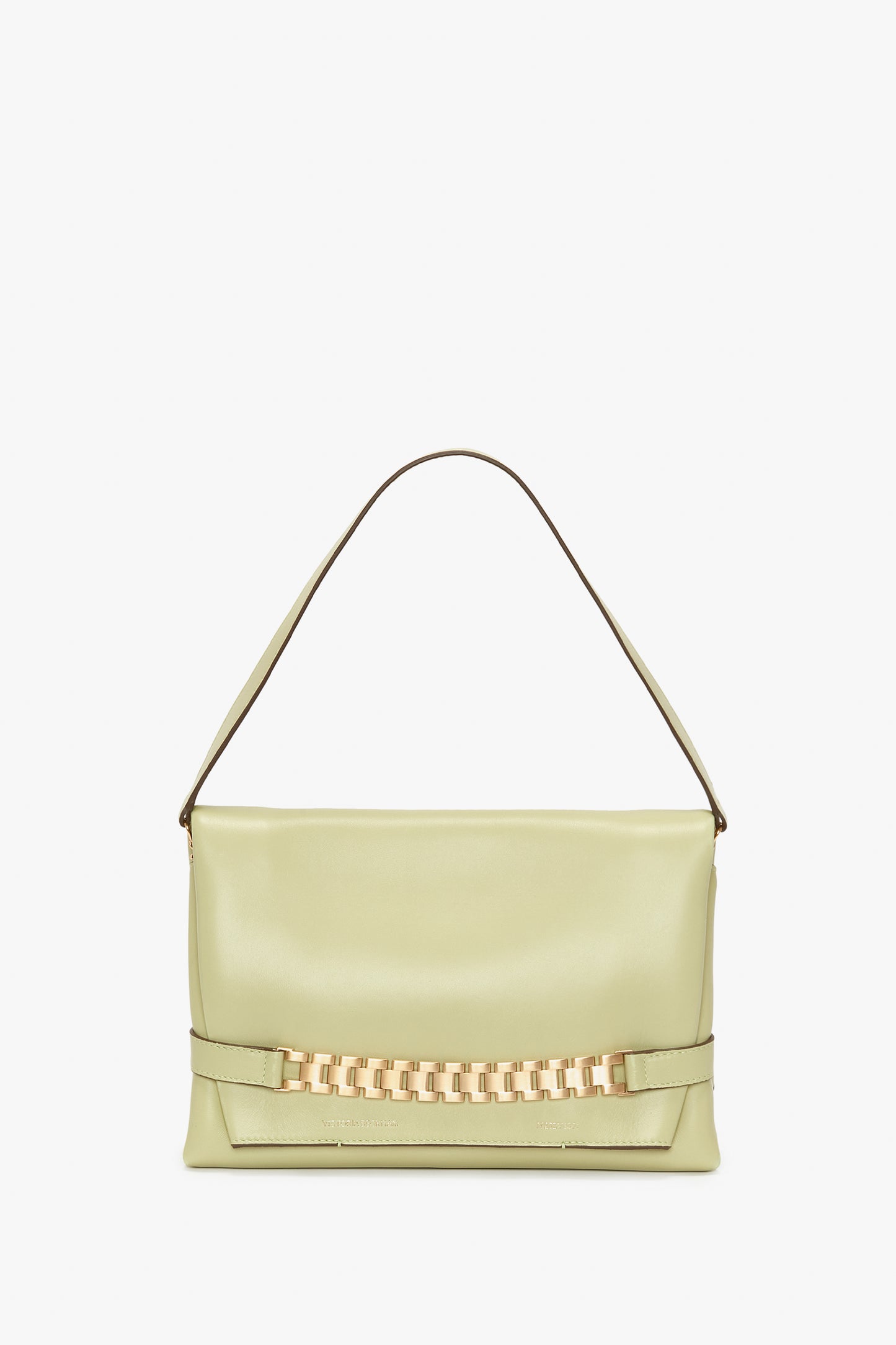 A Chain Pouch Bag With Strap In Avocado Leather from Victoria Beckham, featuring a shoulder strap and a gold chain detail on the front.