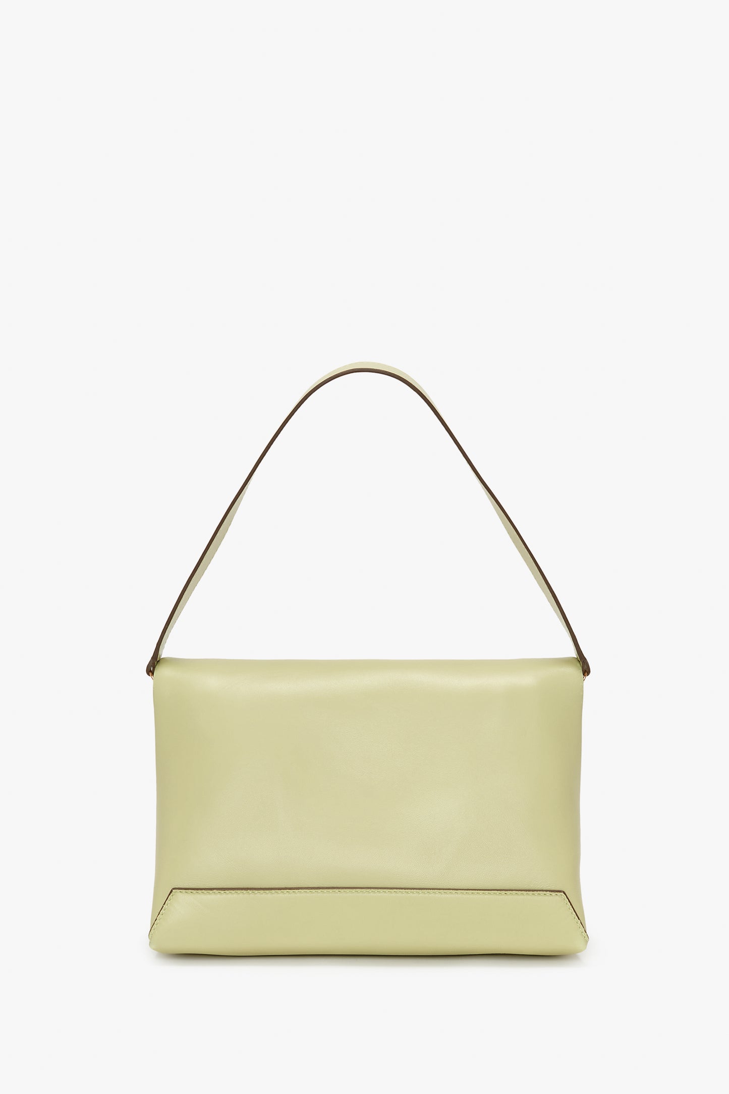 A rectangular handbag in an avocado shade with a single strap is displayed against a plain white background, resembling the timeless appeal of Victoria Beckham's Chain Pouch Bag With Strap In Avocado Leather.
