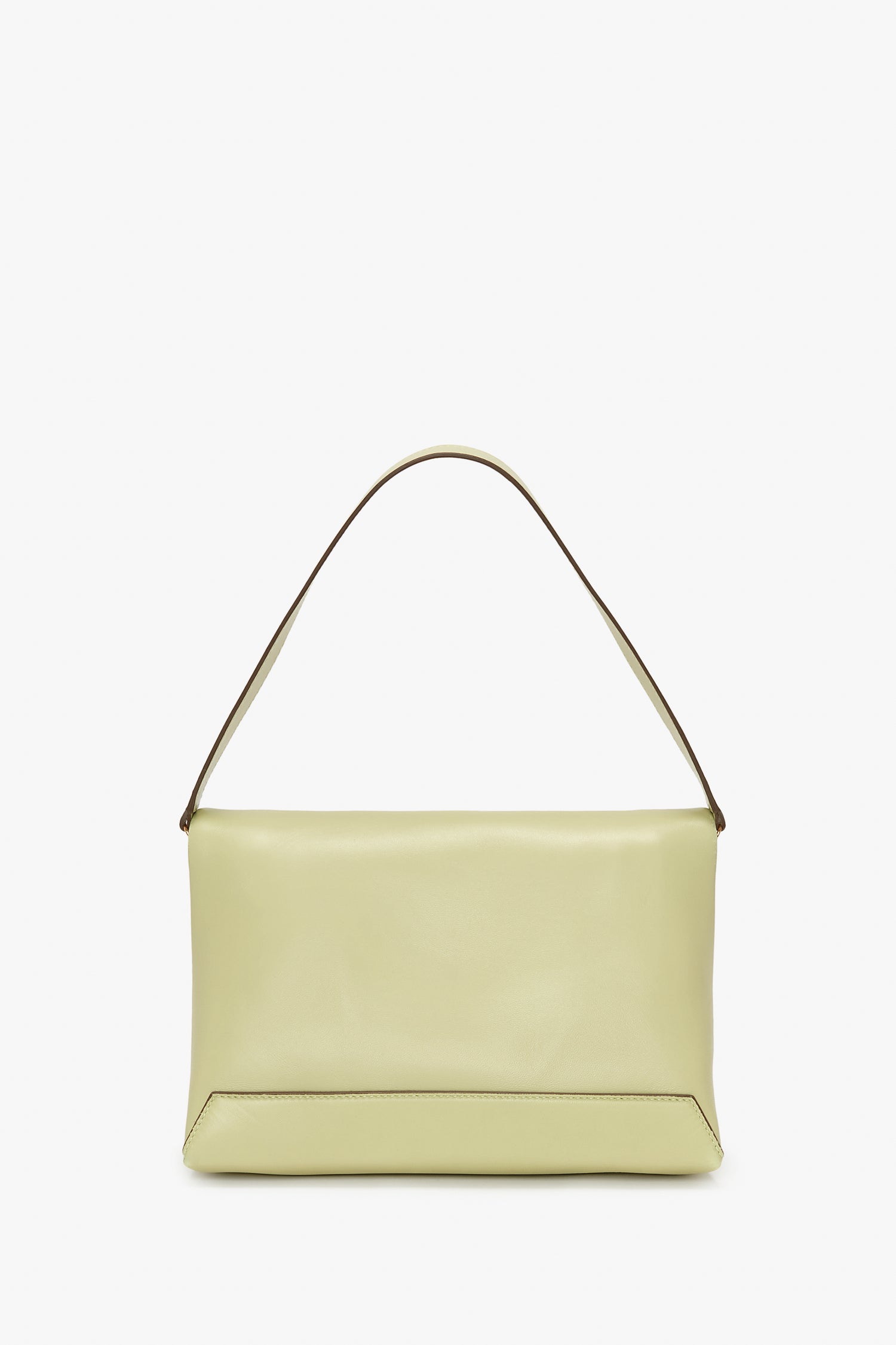 A rectangular handbag in an avocado shade with a single strap is displayed against a plain white background, resembling the timeless appeal of Victoria Beckham's Chain Pouch Bag With Strap In Avocado Leather.