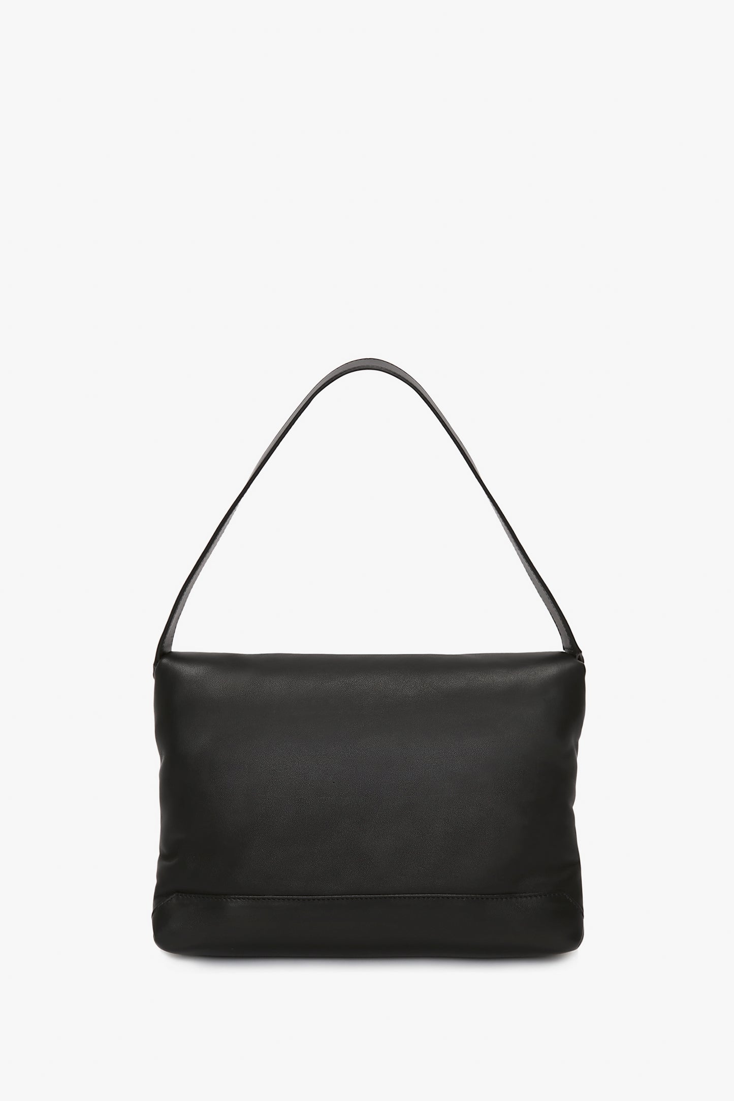Puffy Chain Pouch With Strap In Black Leather shoulder bag with a streamlined design and single strap, displayed on a white background by Victoria Beckham.