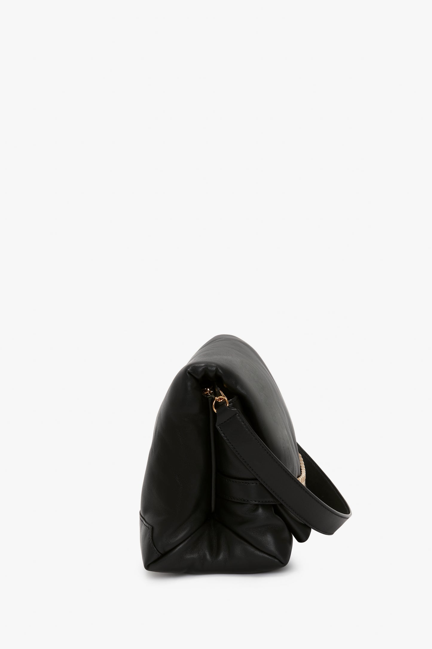 A Victoria Beckham Puffy Chain Pouch With Strap in black nappa leather with a zip-top, slightly slouched and resting on a white background.