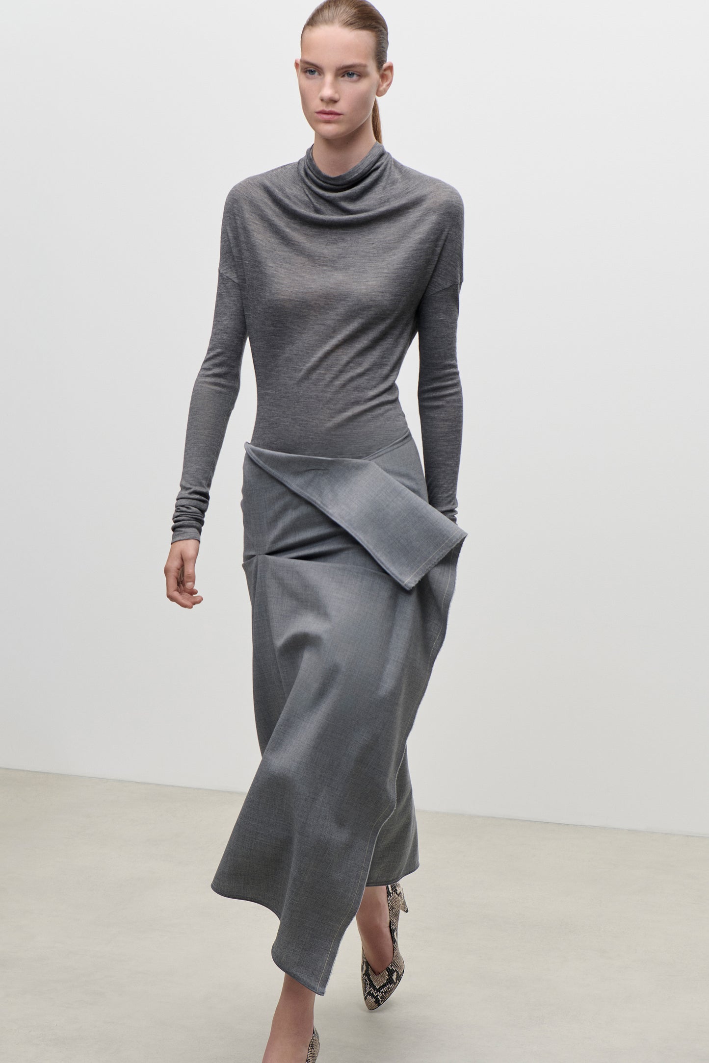 Draped Tailored Skirt In Light Grey Melange