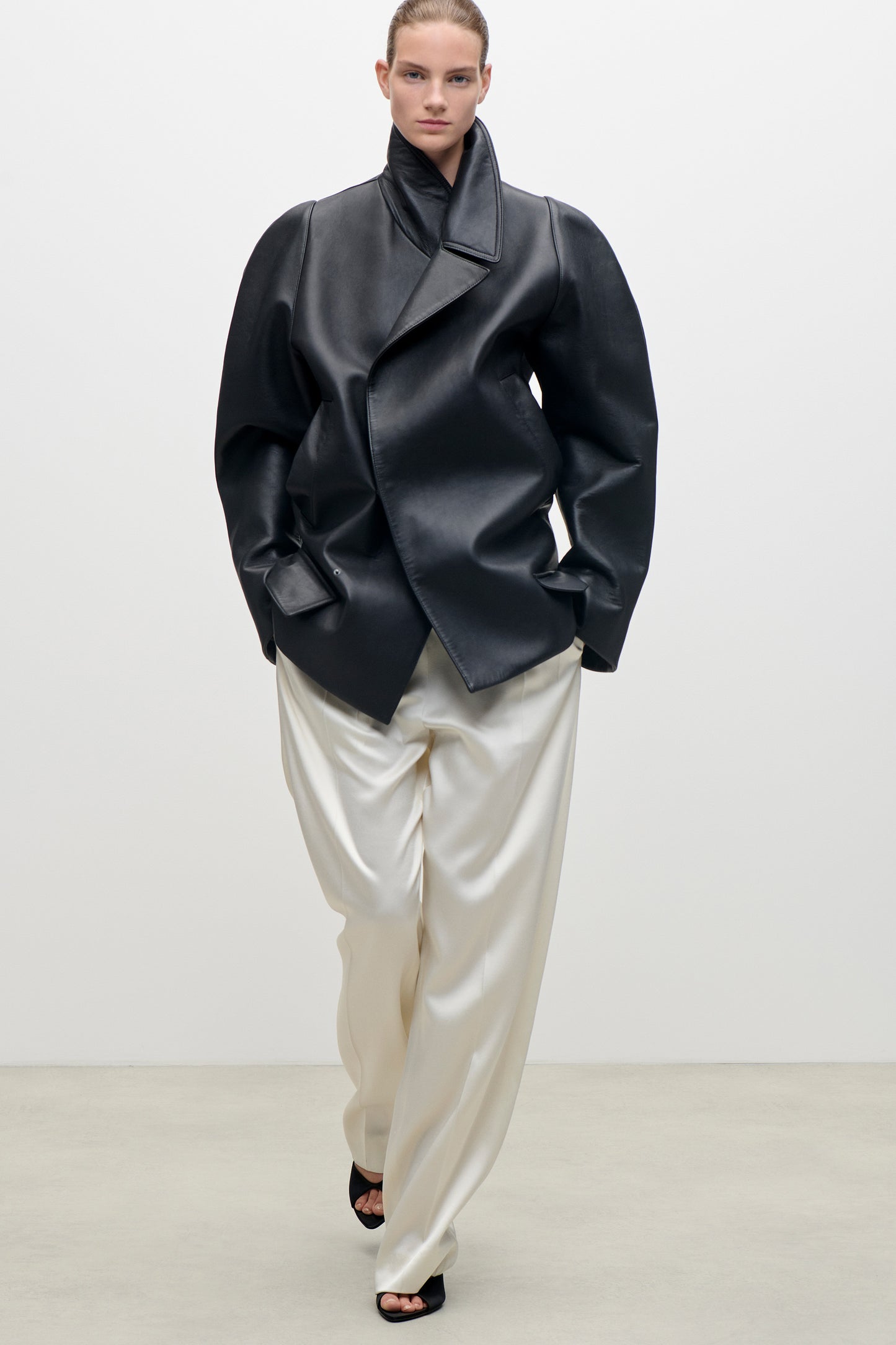 Leather Pea Coat In Black
