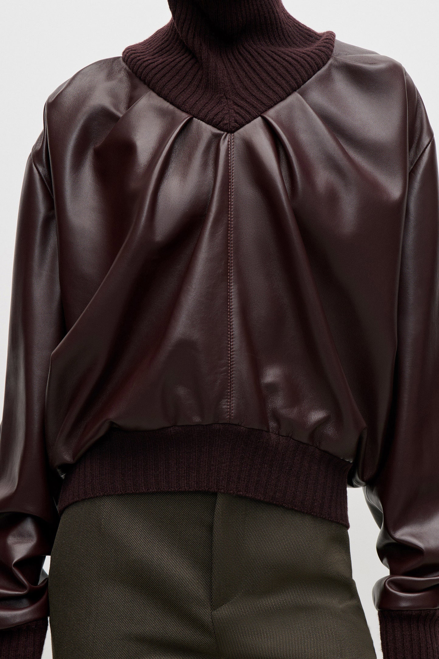 Knitted Collar Leather Top In Burgundy
