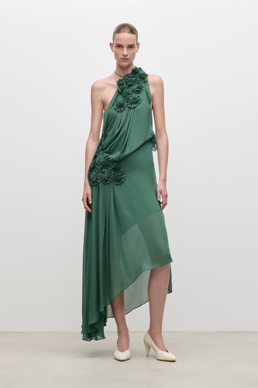 Pleated Applique Gown In Green