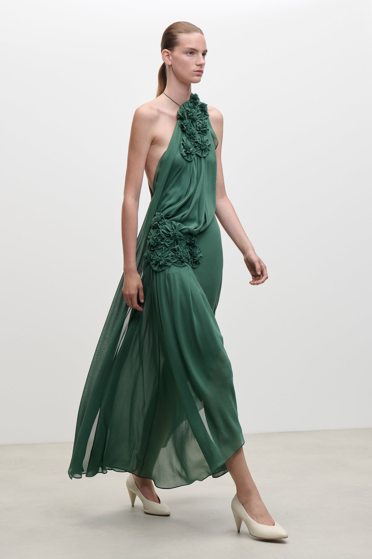 Pleated Applique Gown In Green