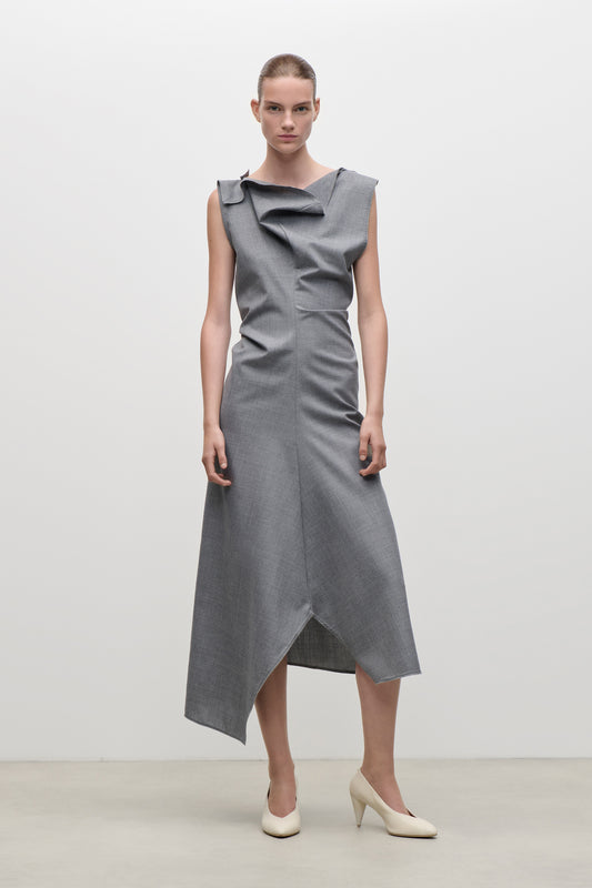 Draped Tailored Midi Dress In Light Grey Melange