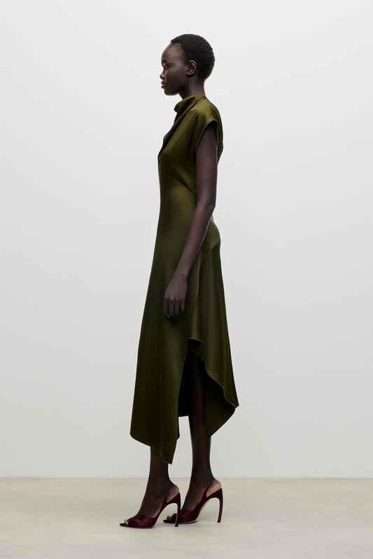 High Neck Draped Midi Dress In Green