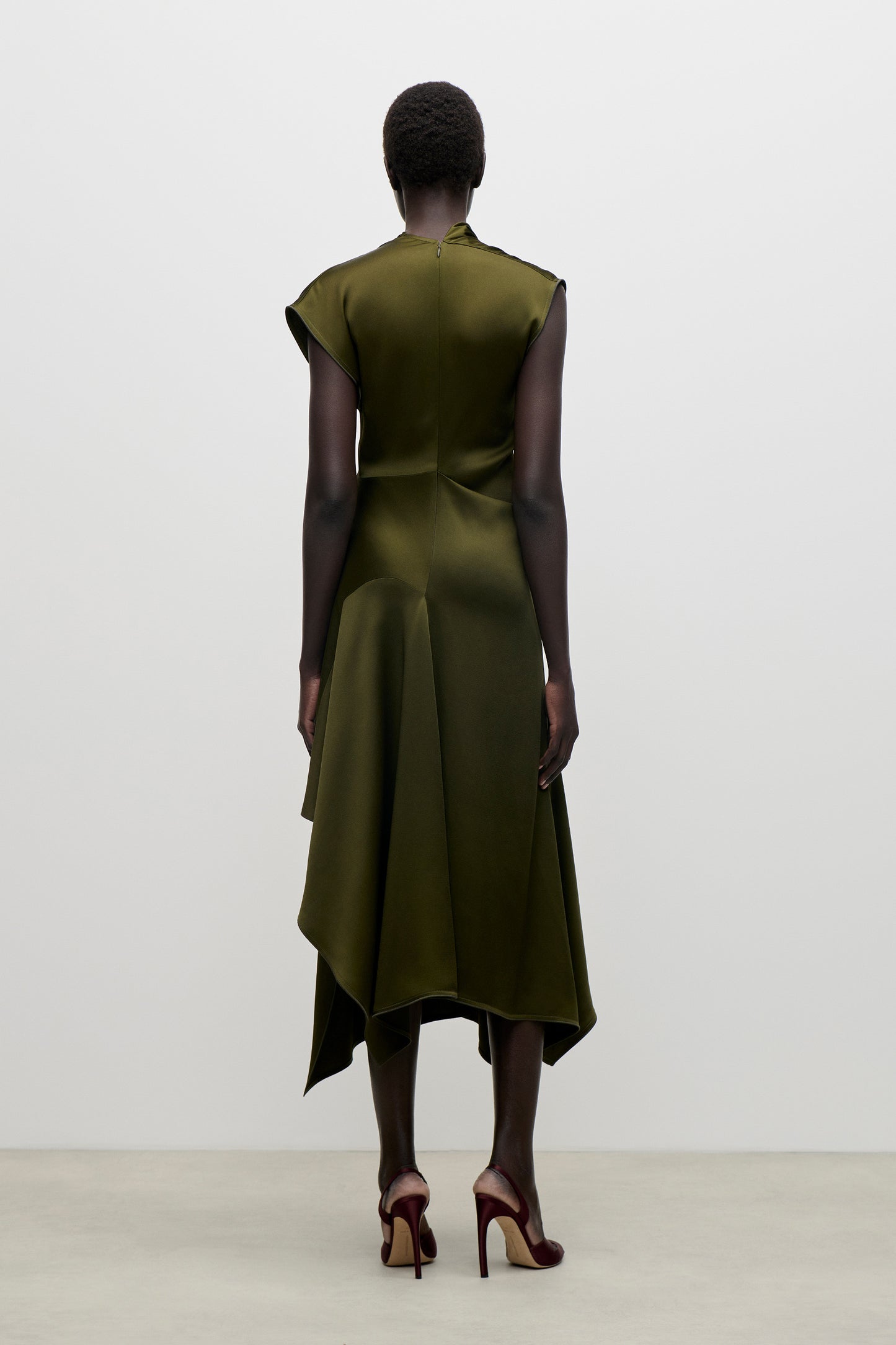 High Neck Draped Midi Dress In Green