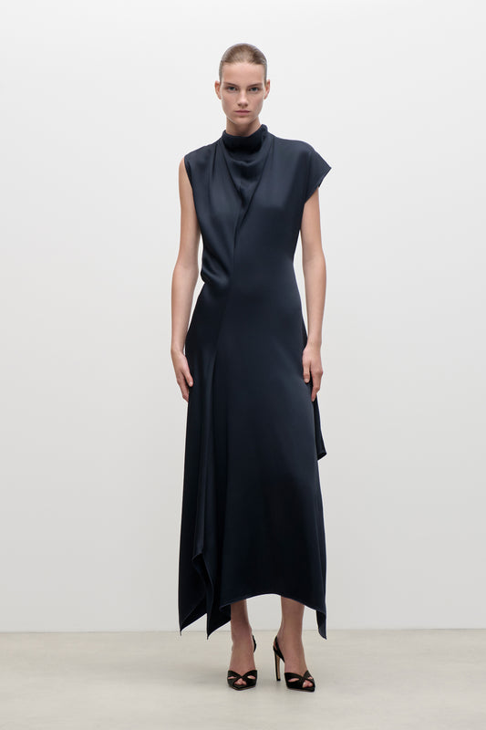 High Neck Draped Midi Dress In Dark Navy