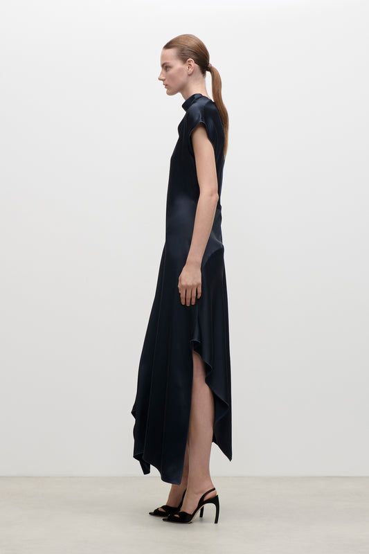 High Neck Draped Midi Dress In Dark Navy