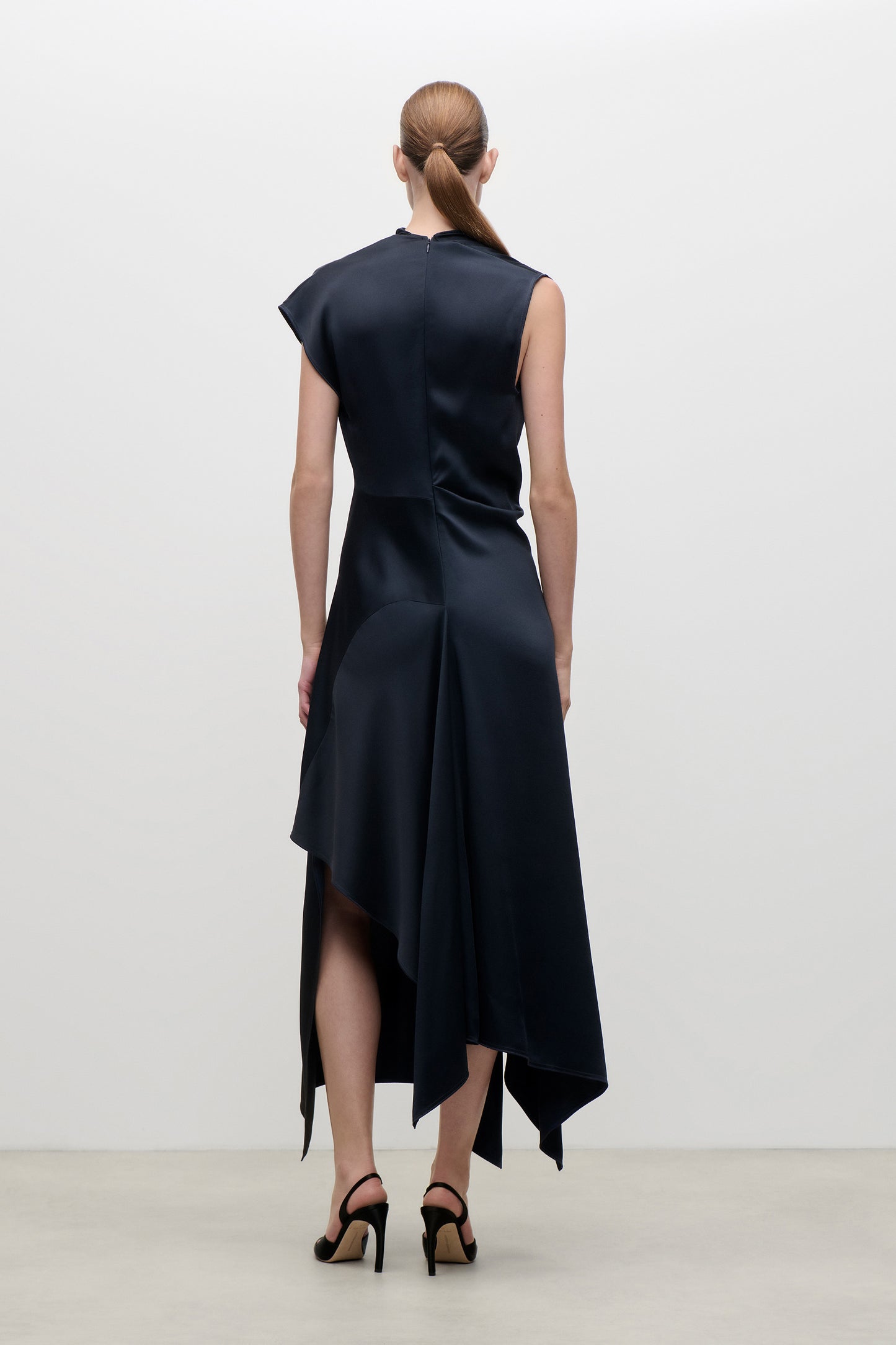 High Neck Draped Midi Dress In Dark Navy