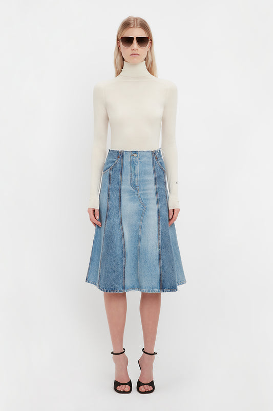 Deconstructed Denim Midi Skirt In Vintage Wash