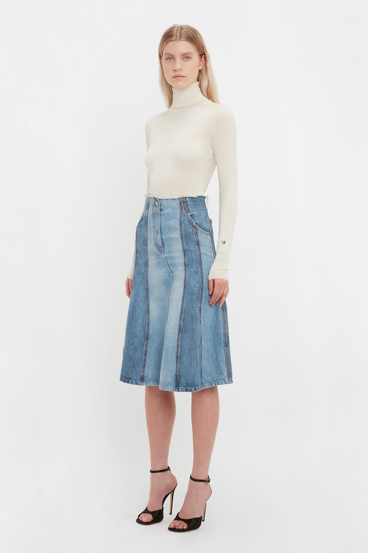 Deconstructed Denim Midi Skirt In Vintage Wash