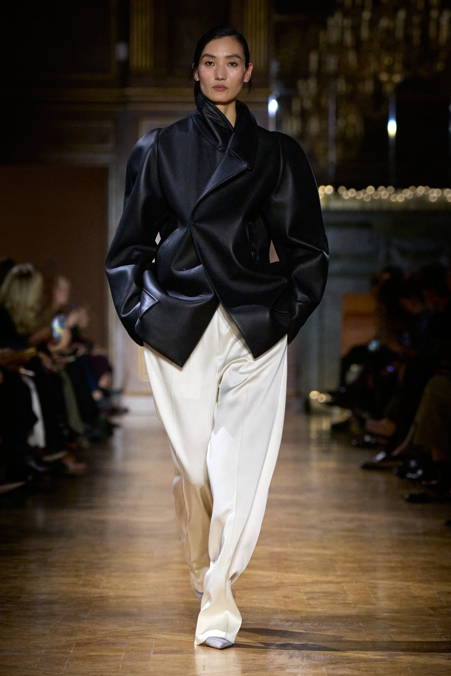 Leather Pea Coat In Black