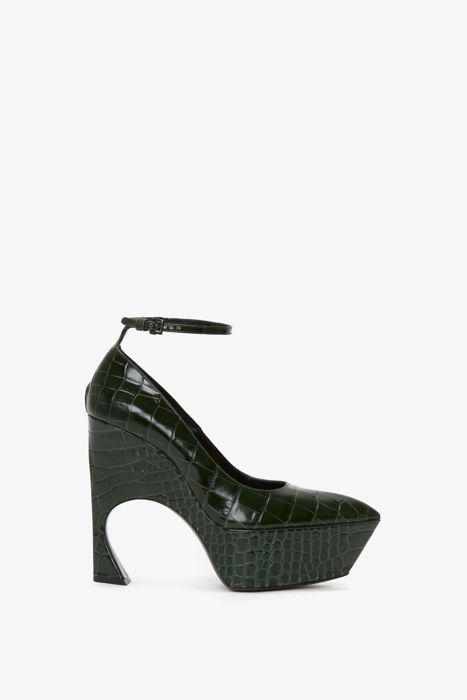 Ankle Strap Wedge Pump In Dark Green Croc Effect Leather Victoria Beckham UK
