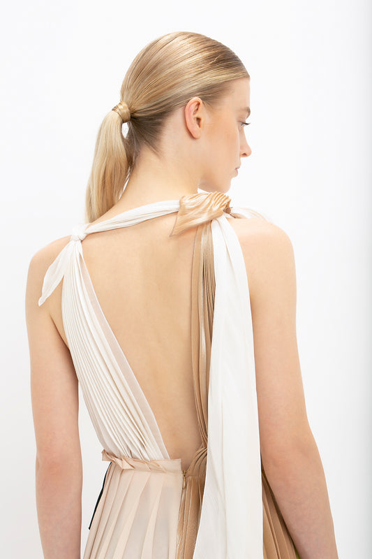 Asymmetric Pleated V-Neck Dress In Ivory-Multi