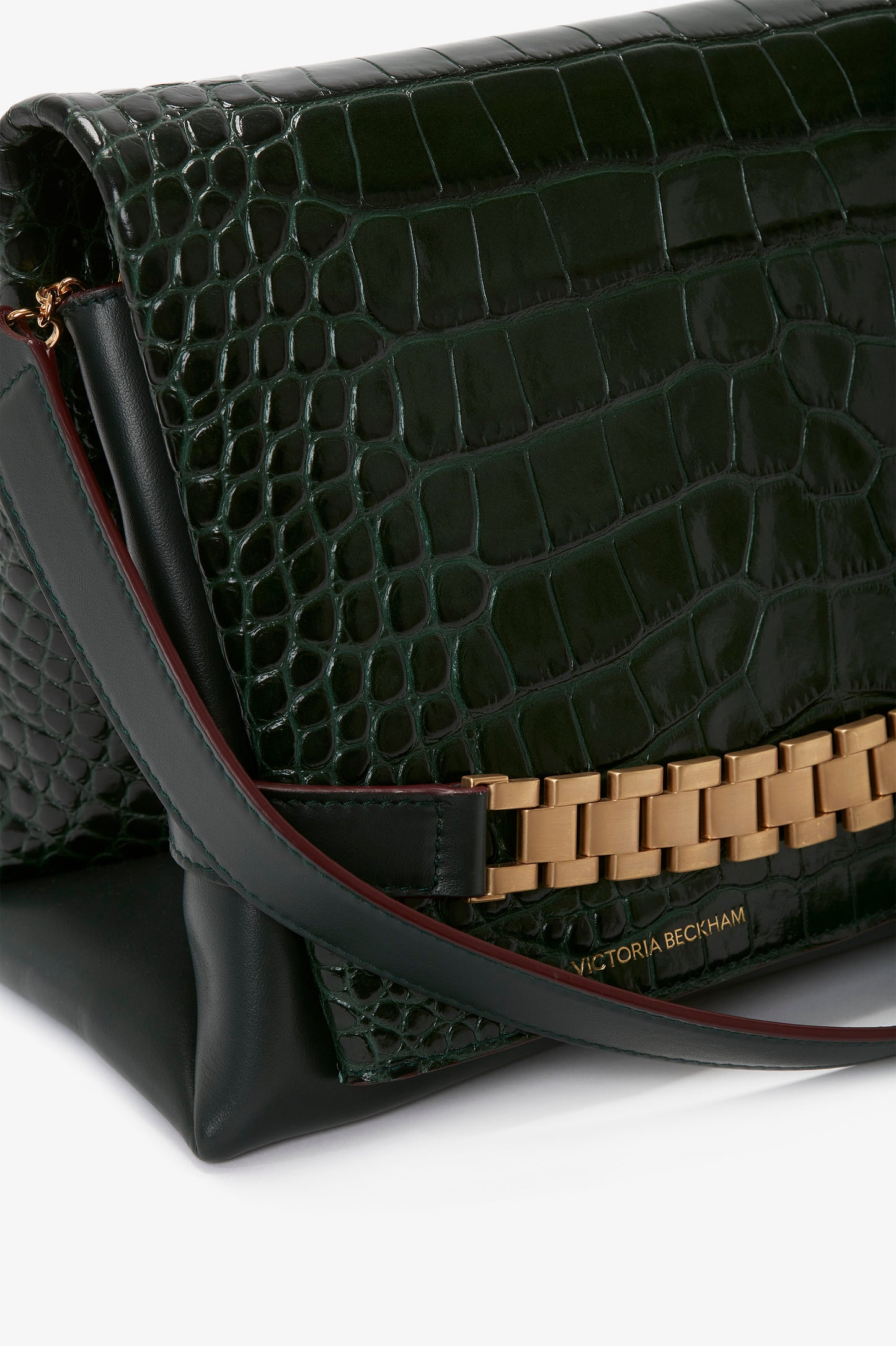 Chain Pouch With Strap In Dark Forest Croc-Effect Leather