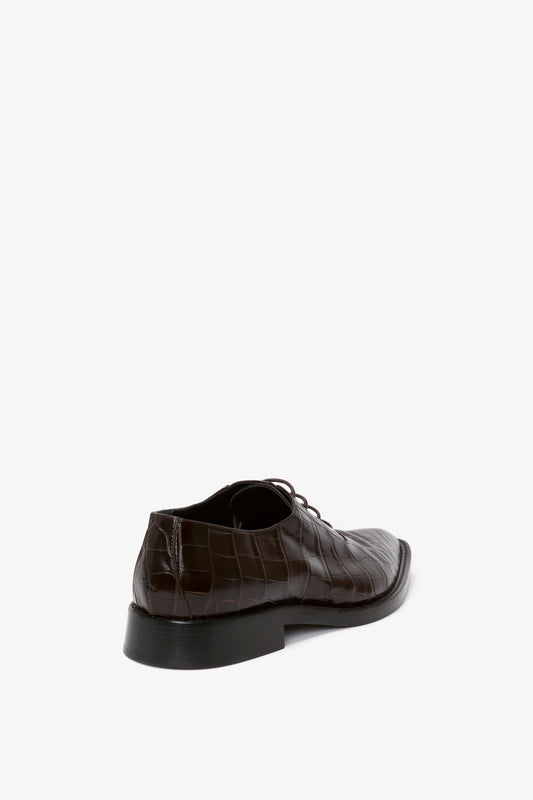 Pointy Toe Flat Lace Up In Chocolate Croc-Effect Leather