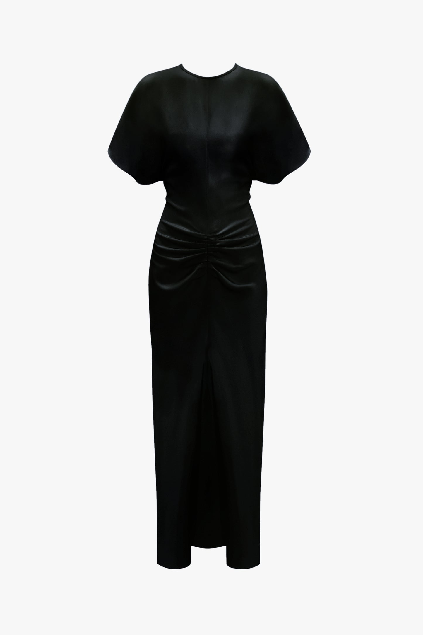 A Victoria Beckham black leather midi dress with a gathered waist and short sleeves, displayed on a mannequin against a white background.