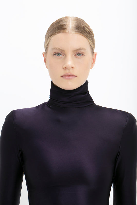 Long Sleeve High Neck Jersey Dress In Blackberry