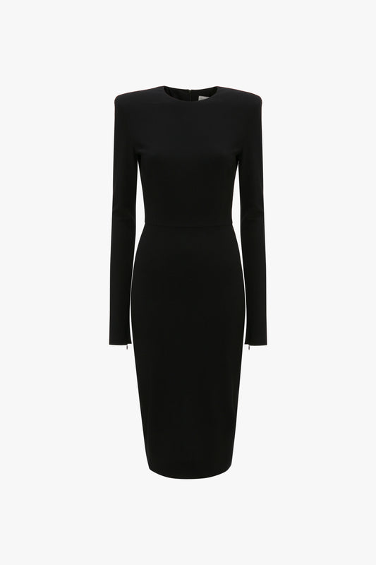 A Victoria Beckham Long Sleeve T-Shirt Fitted Dress In Black with a body-skimming silhouette and a high neckline, shown on a white background.