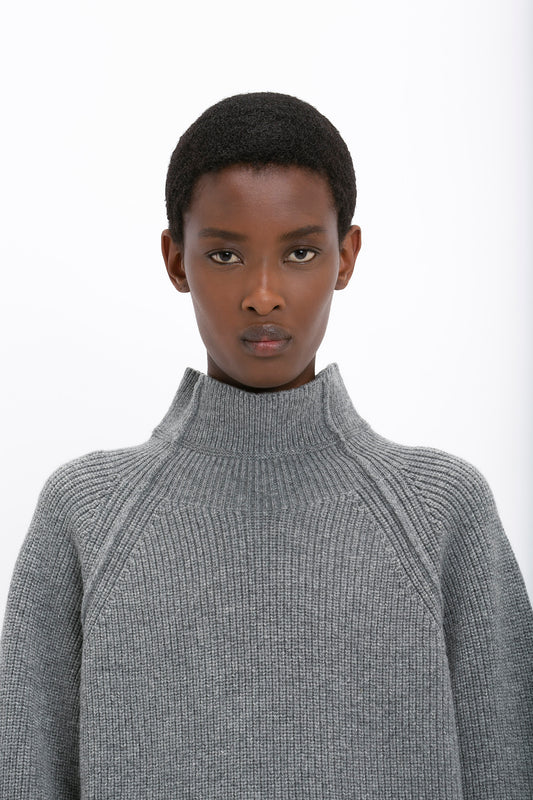 Oversized Polo Neck Jumper In Grey Melange