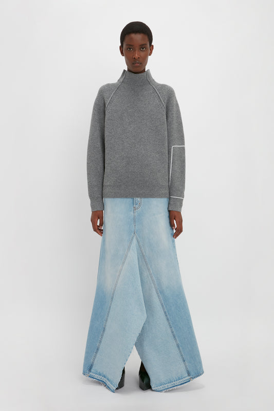 Oversized Polo Neck Jumper In Grey Melange